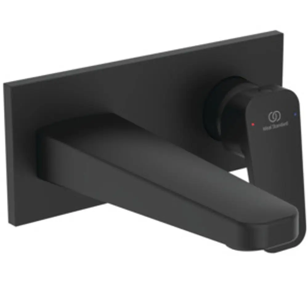 Wandarmatur in Schwarz von Ideal Standard, mit einem geraden Auslauf und einer seitlichen Steuerung für Wasserfluss und -temperatur. Design für moderne Badezimmer.